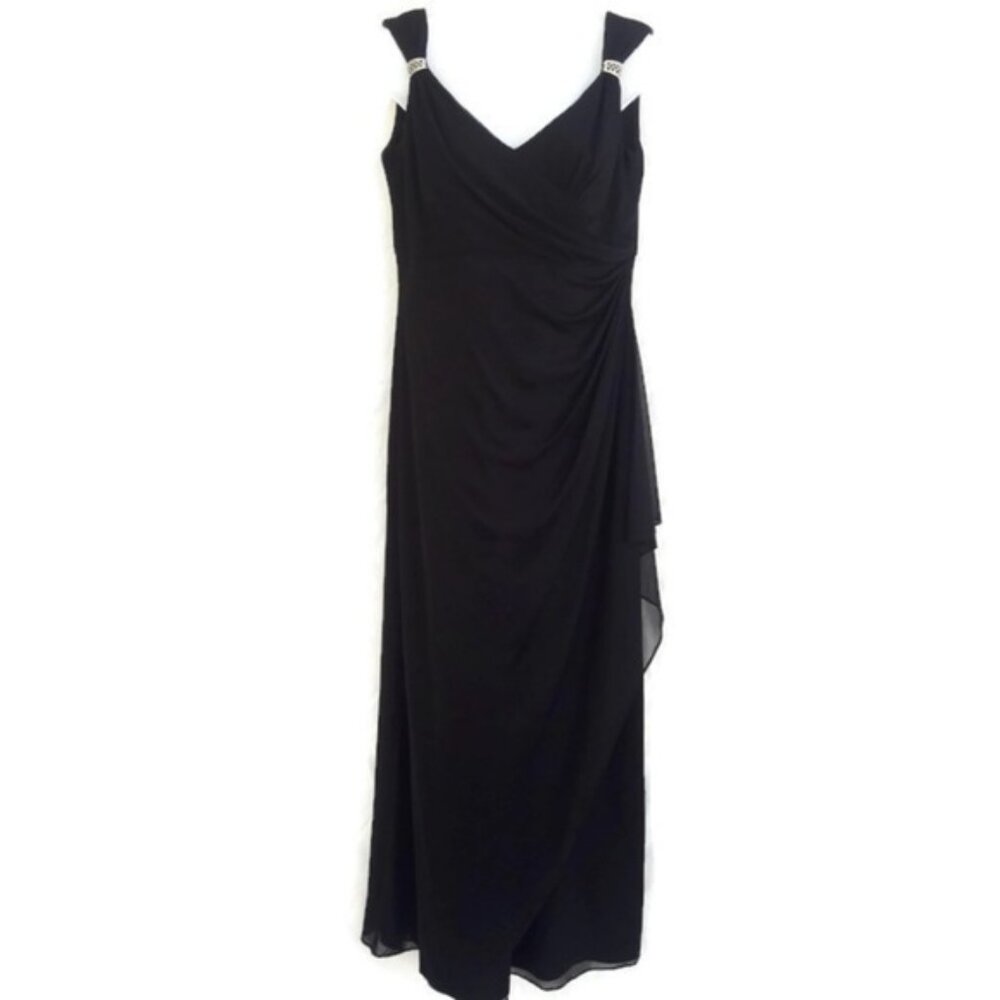 Vintage Alex Evenings Formal Chiffon Dress w/ Rhinestone Clasps, Black, Size 8P